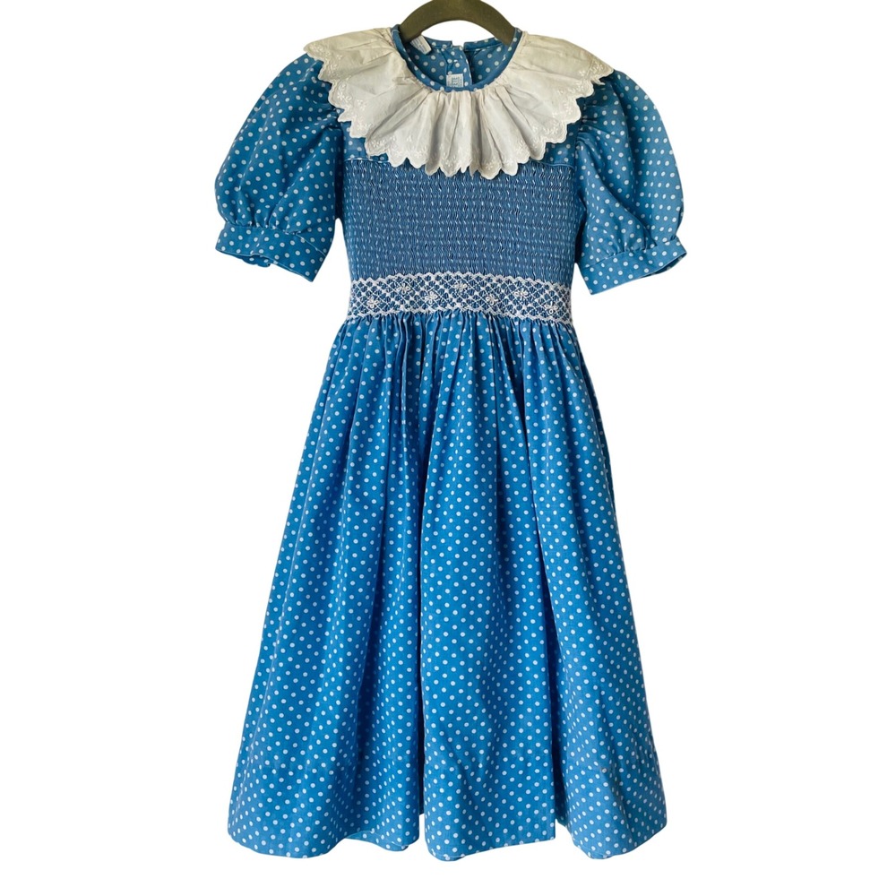 Read-Vive La Fete Smocked‎ Polka Dot Blue Lace Collar Dress Kids 6 Cottagecore